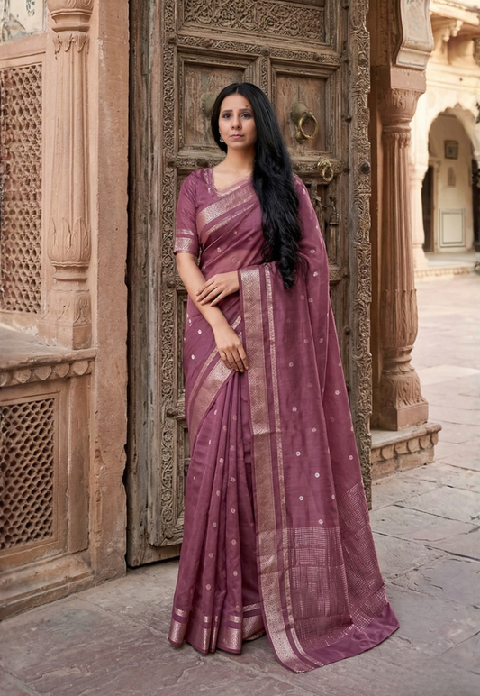 Rich plum crepe silk saree with intricate gold toned zari border
