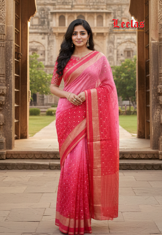 Pink Crepe silk ombre saree with zariwork and matching blouse piece
