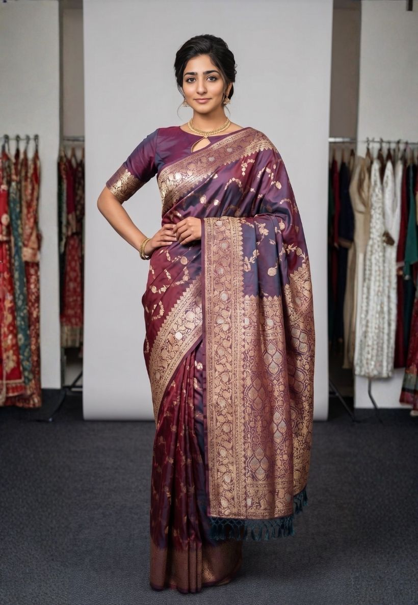 Banarasi style saree in multicolour shades of deep wine and blue with floral zari pattern