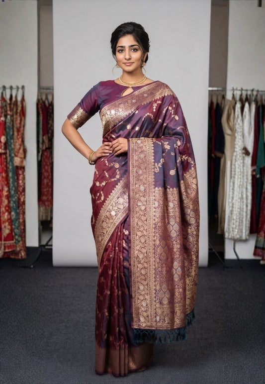 Banarasi style saree in multicolour shades of deep wine and blue with floral zari pattern