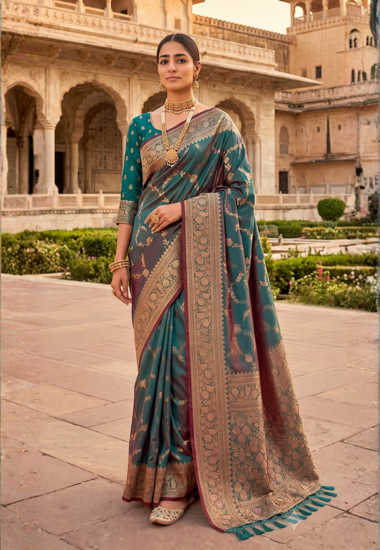 Banarasi style saree in multicolour shades of teal, and sea green with floral zari pattern