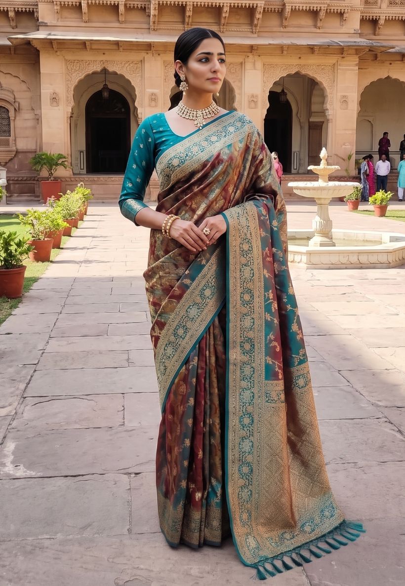 Banarasi style saree in multicolour shades of teal, and sea green with floral zari pattern
