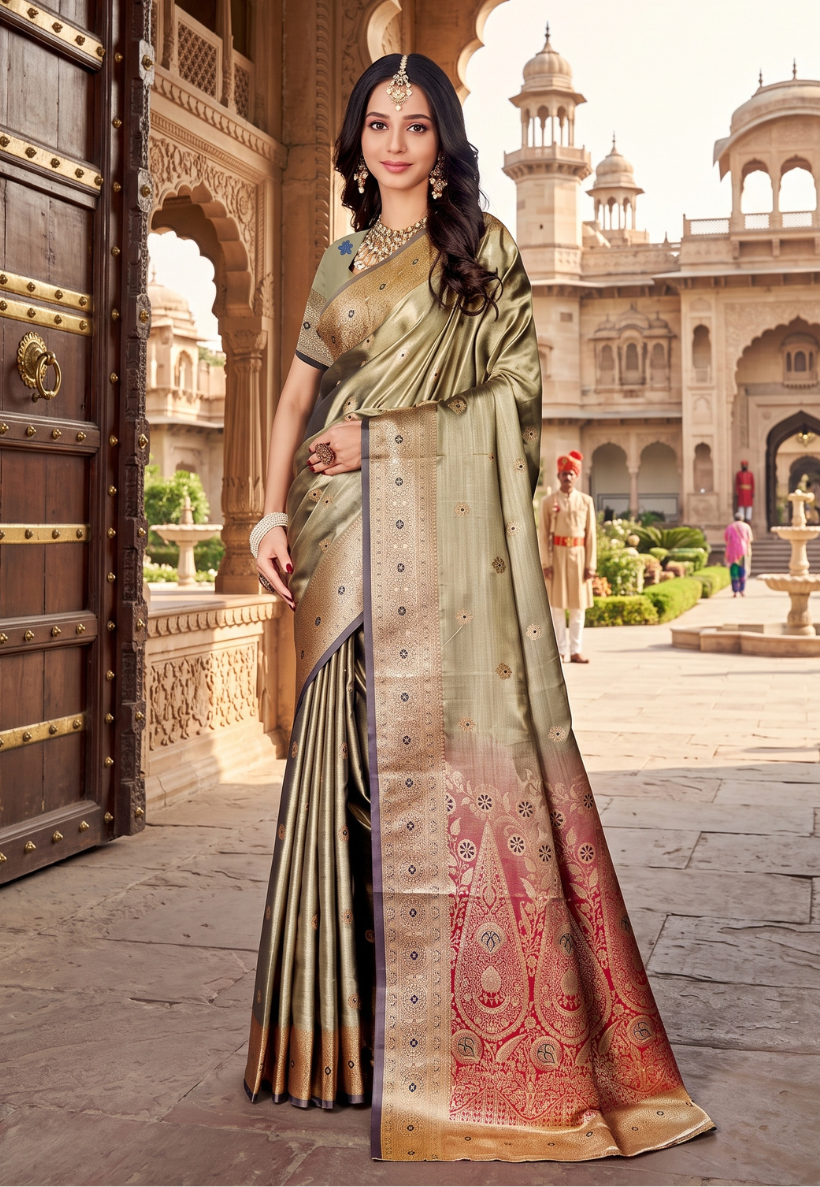Champagne gold banarasi style saree with gold zariwork and magenta pink paisley pallu