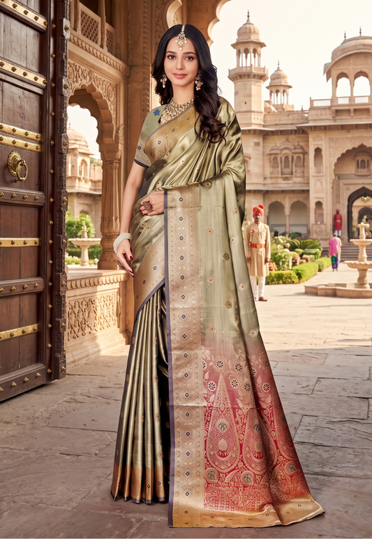 Champagne gold banarasi style saree with gold zariwork and magenta pink paisley pallu