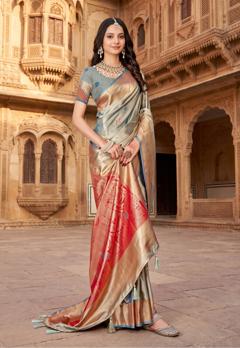 Greyish toned banarasi style saree with gold zariwork and deep rose pink paisley pallu