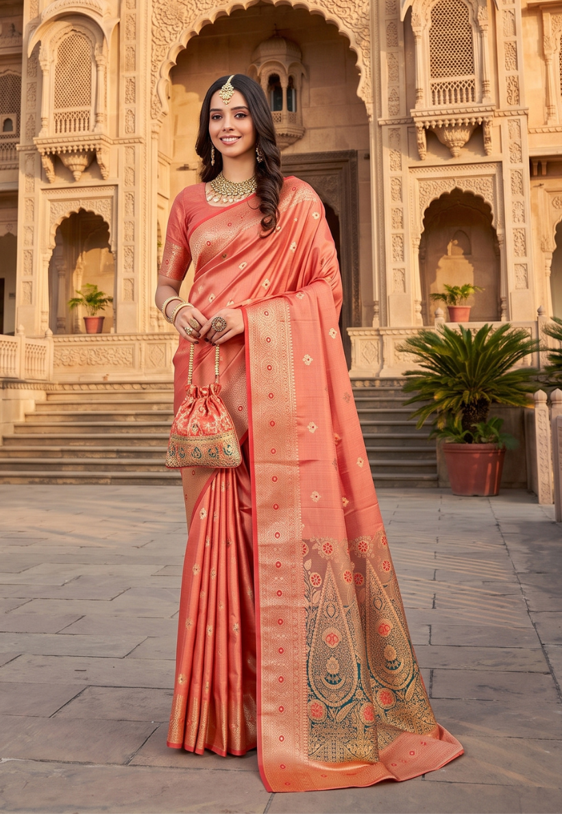 Peach toned  banarasi style saree with gold zariwork and olive paisley pallu