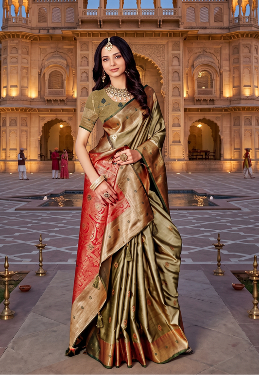 Olive green banarasi style saree with gold zariwork and deep coral paisley pallu