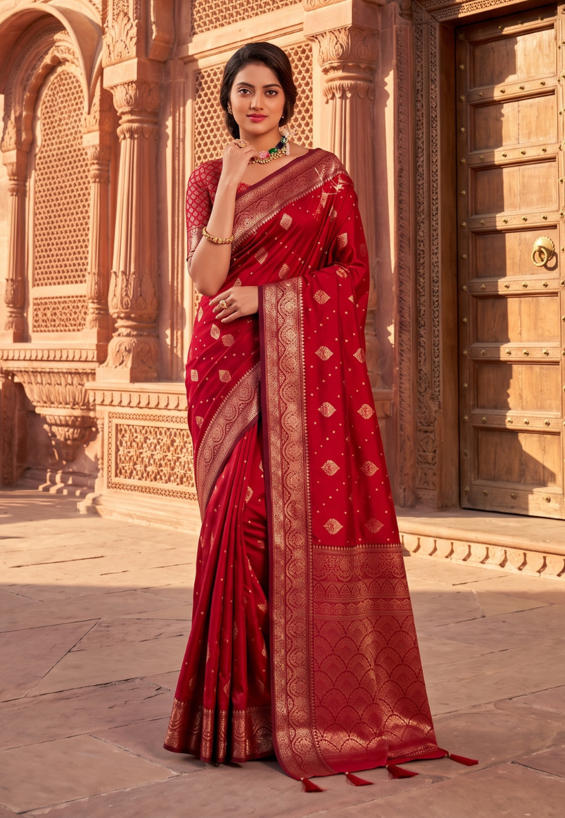 Copper  banarasi style saree featuring antique gold zari work