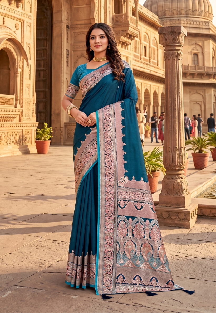 Navy blue banarasi silk  saree featuring antique zari thread