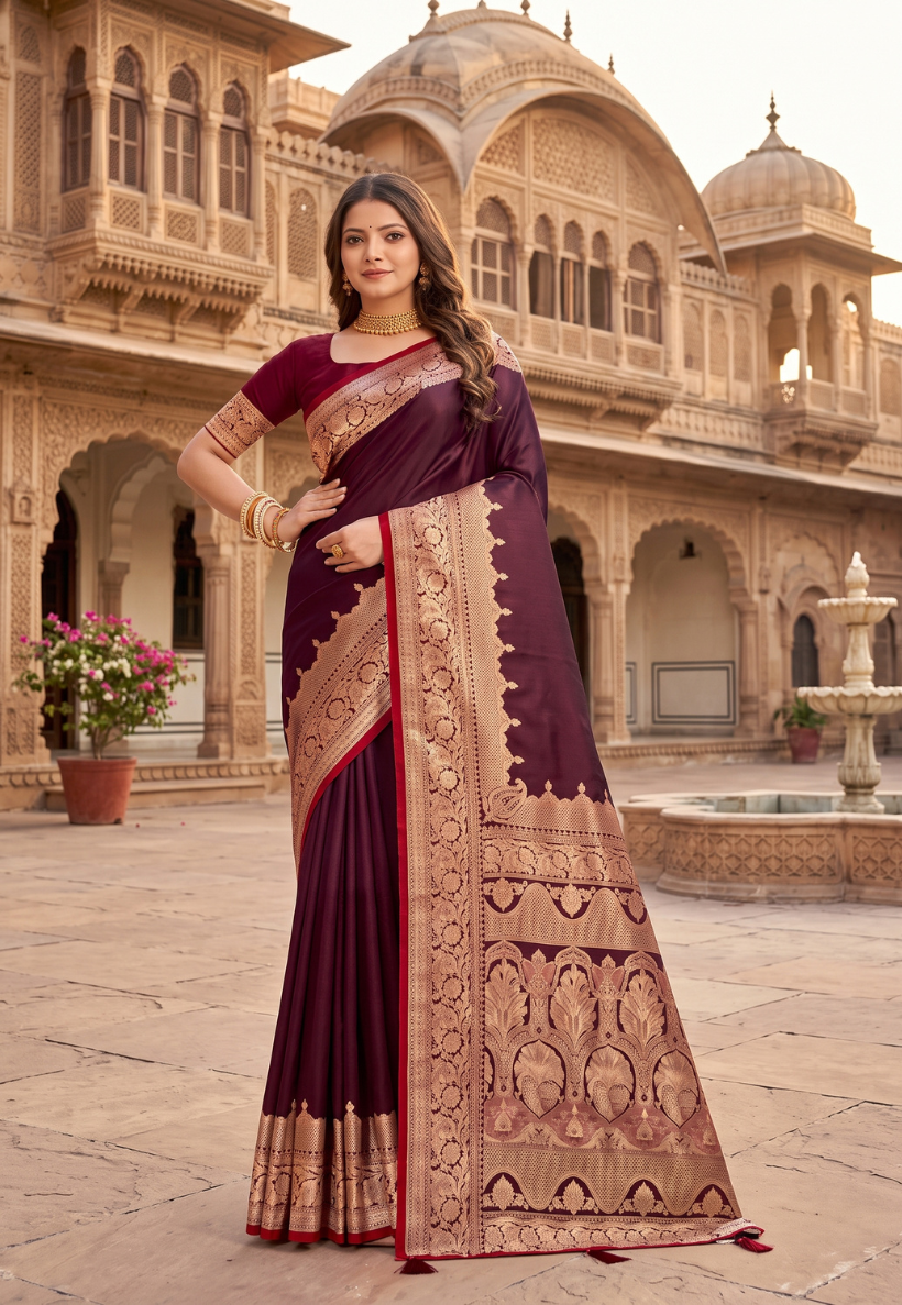 Maroon banarasi silk saree featuring antique zari thread