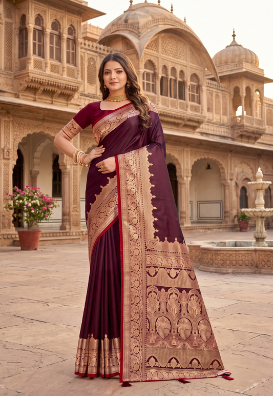 Maroon banarasi silk saree featuring antique zari thread