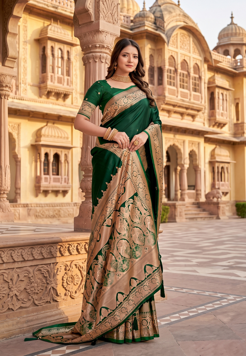 Bottle green  banarasi silk saree featuring antique zari thread
