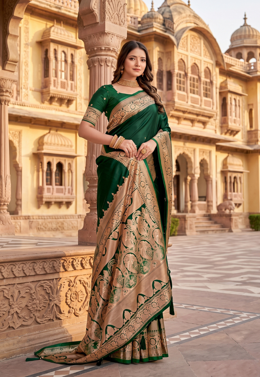 Bottle green  banarasi silk saree featuring antique zari thread