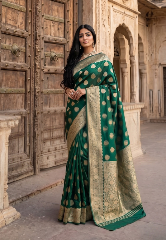 Bottle green art silk saree with gold and silver zari motifs and intricate border