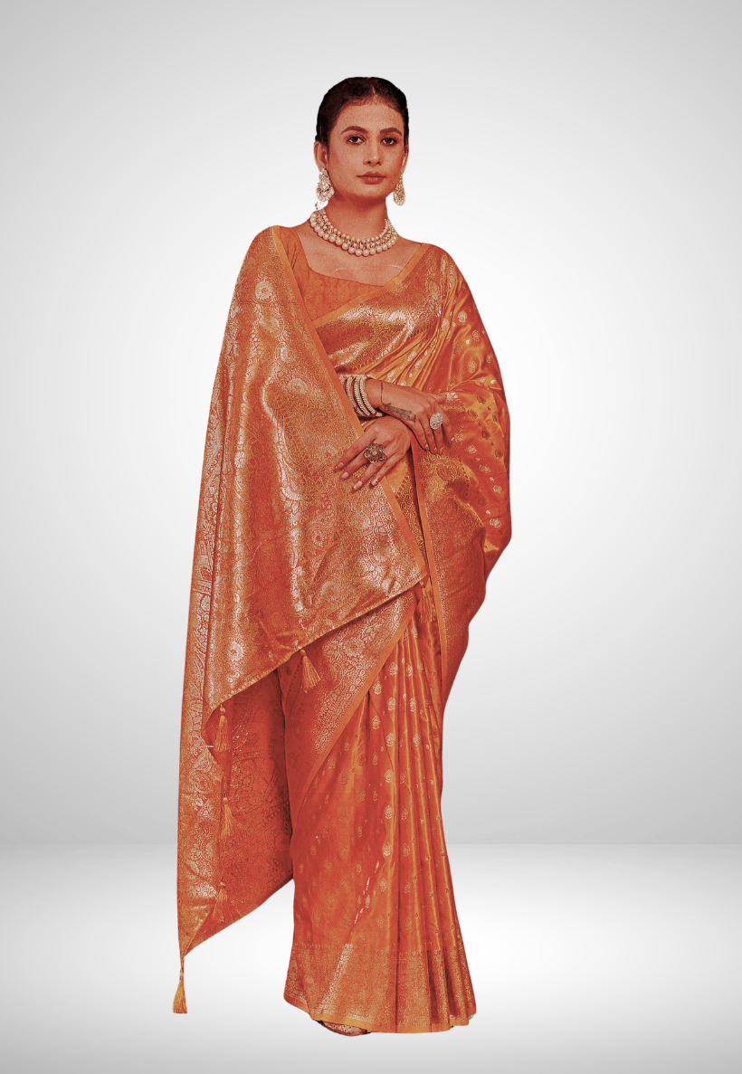 Orange silk embossed saree with matching blouse piece