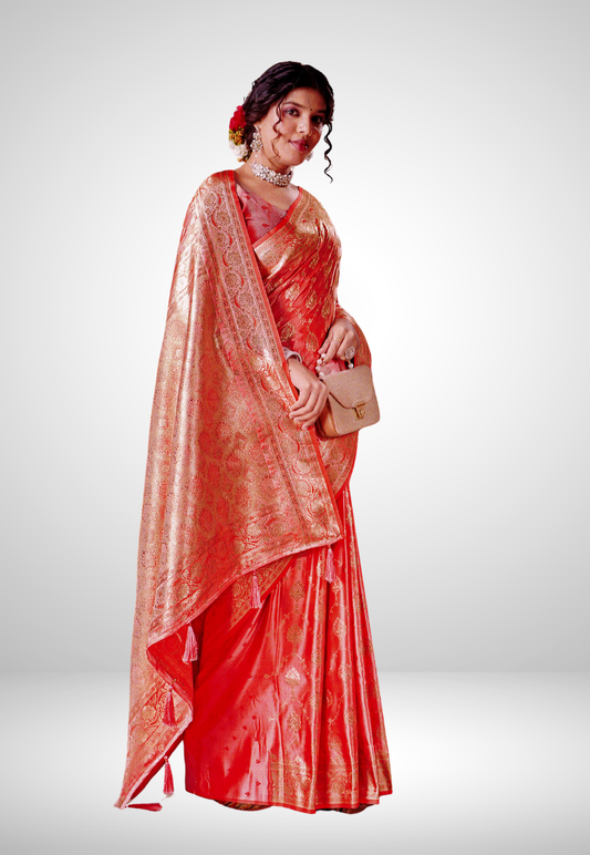 Coral silk embossed saree with matching blouse piece