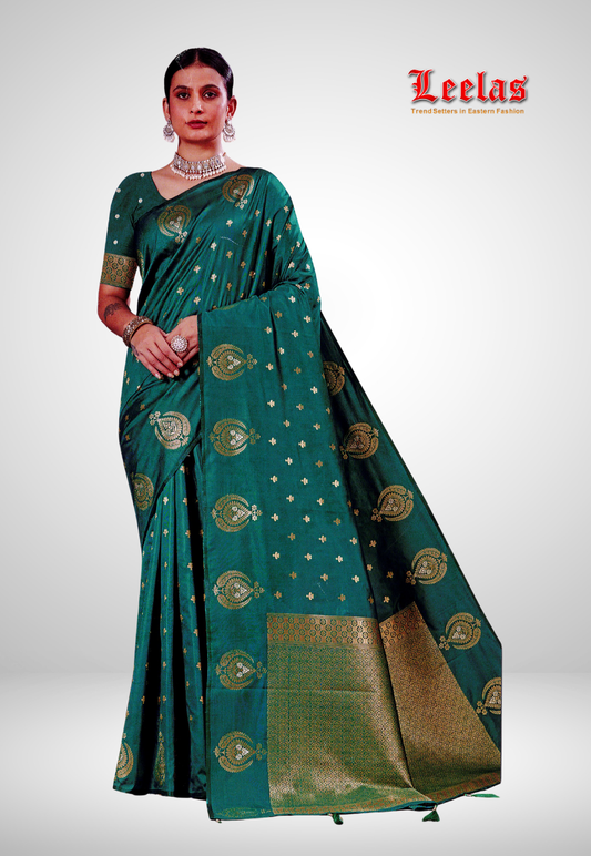 Green silk blend embossed print saree