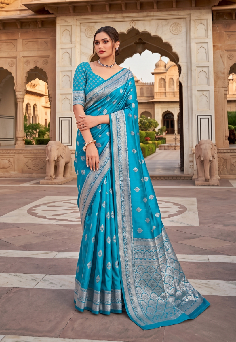 Deep teal banarasi style saree featuring antique gold zari work