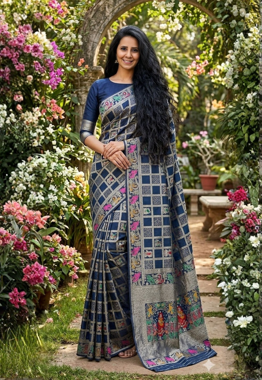 Navy blue bandhani print art silk saree with intricate metallic zariwork and decorative motifs