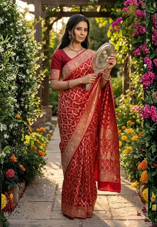 Deep red bandhani print art silk saree with gold metallic zari thread work in a diamond pattern with floral motifs