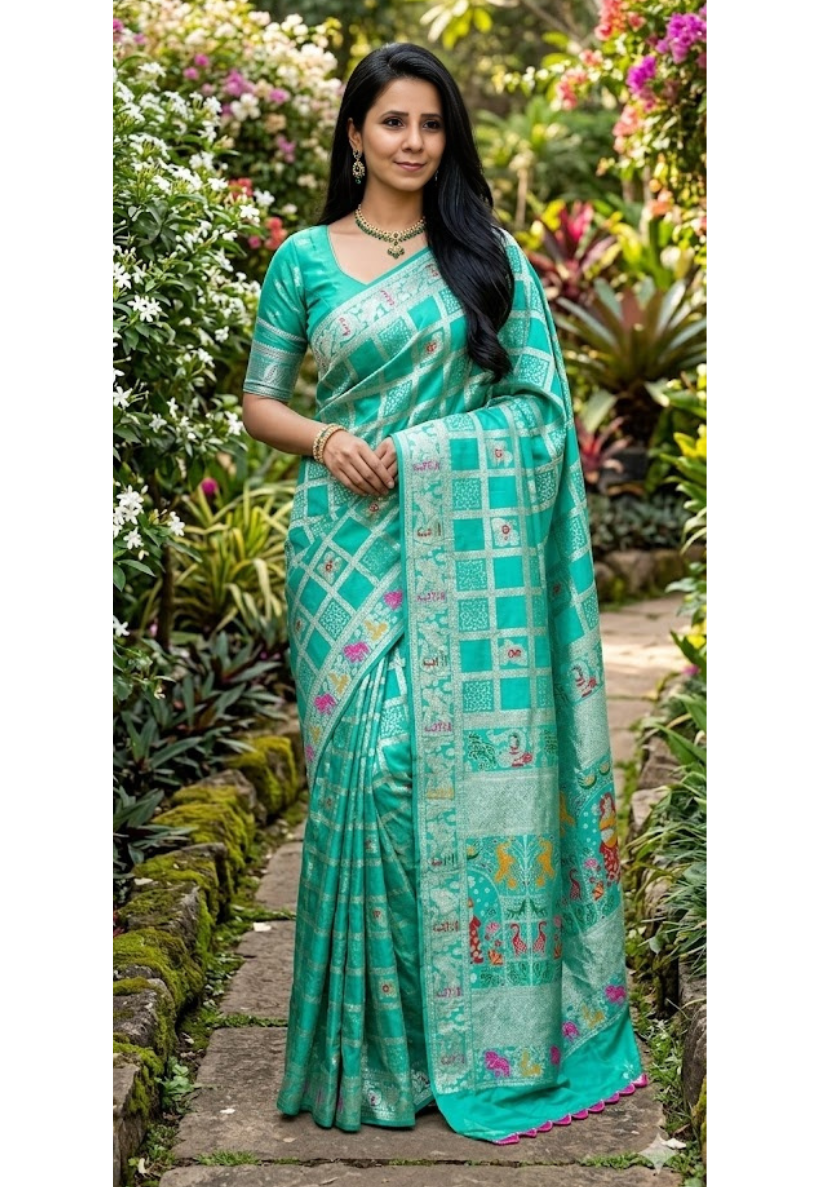 Traditional turquoise bandhani print art silk saree with small geometric zariwork motifs
