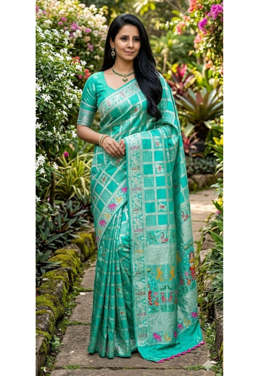 Traditional turquoise bandhani print art silk saree with small geometric zariwork motifs