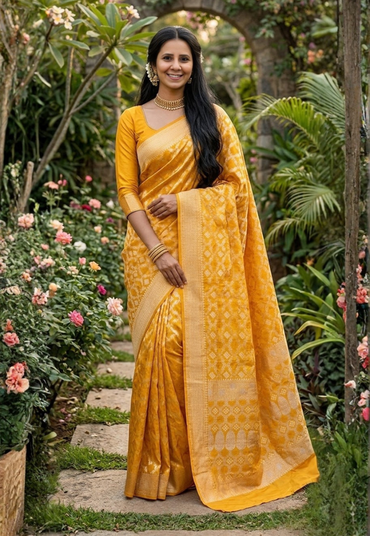 Canary yellow bandhani print art silk saree with gold metallic zari thread work in a diamond pattern with floral motifs