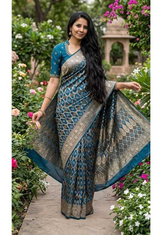 Teal blue bandhani print art silk saree with gold metallic zari thread work in a diamond pattern with floral motifs