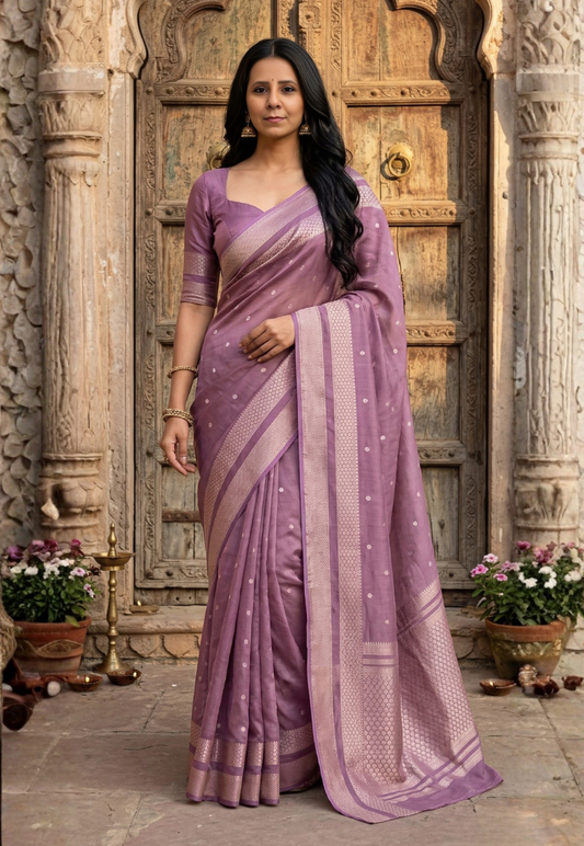 Lilac crepe silk saree with intricate gold toned zari border