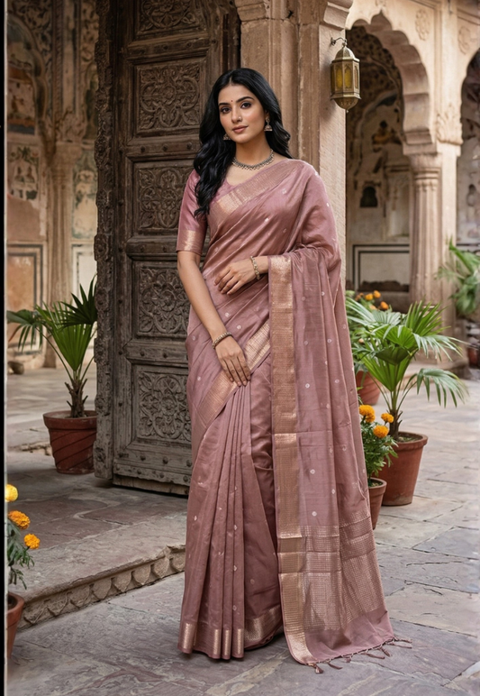 Dusky mauve crepe silk saree with intricate rose gold toned zari border