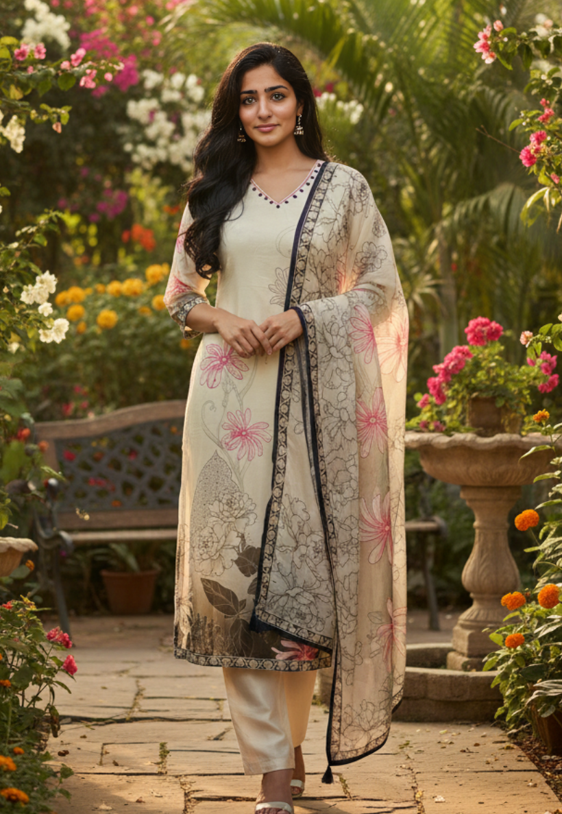 Cream floral salwaz kameez with bead work, pants and dupatta.