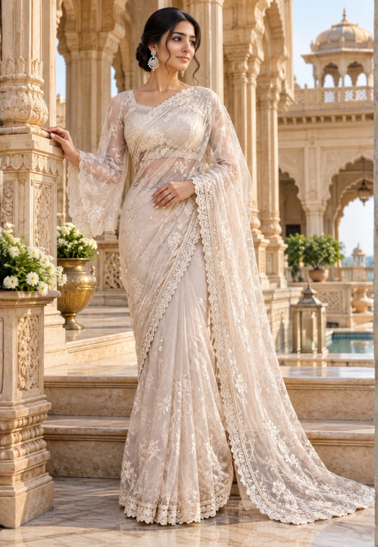 Champagne net saree with sequins and stonework