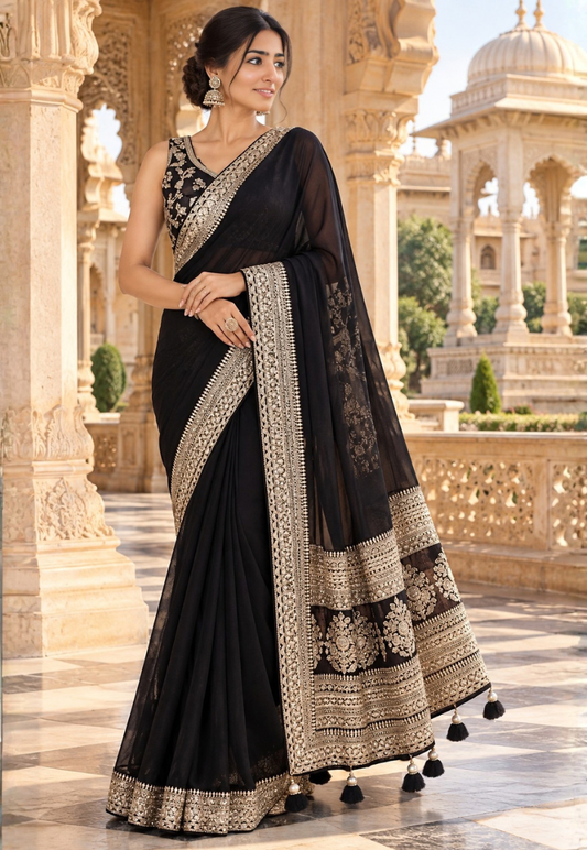 Black saree with gold zari and sequins