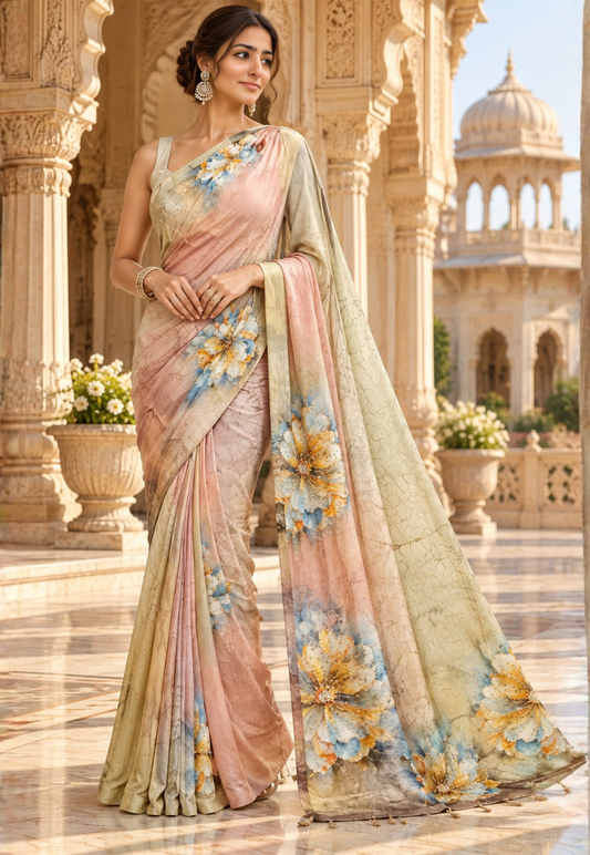 Digital floral earthy brown tissue georgette with bead and stonework