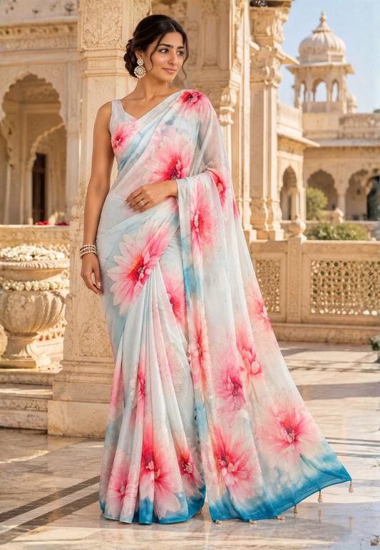 Digital floral light blue tissue georgette with bead and stonework