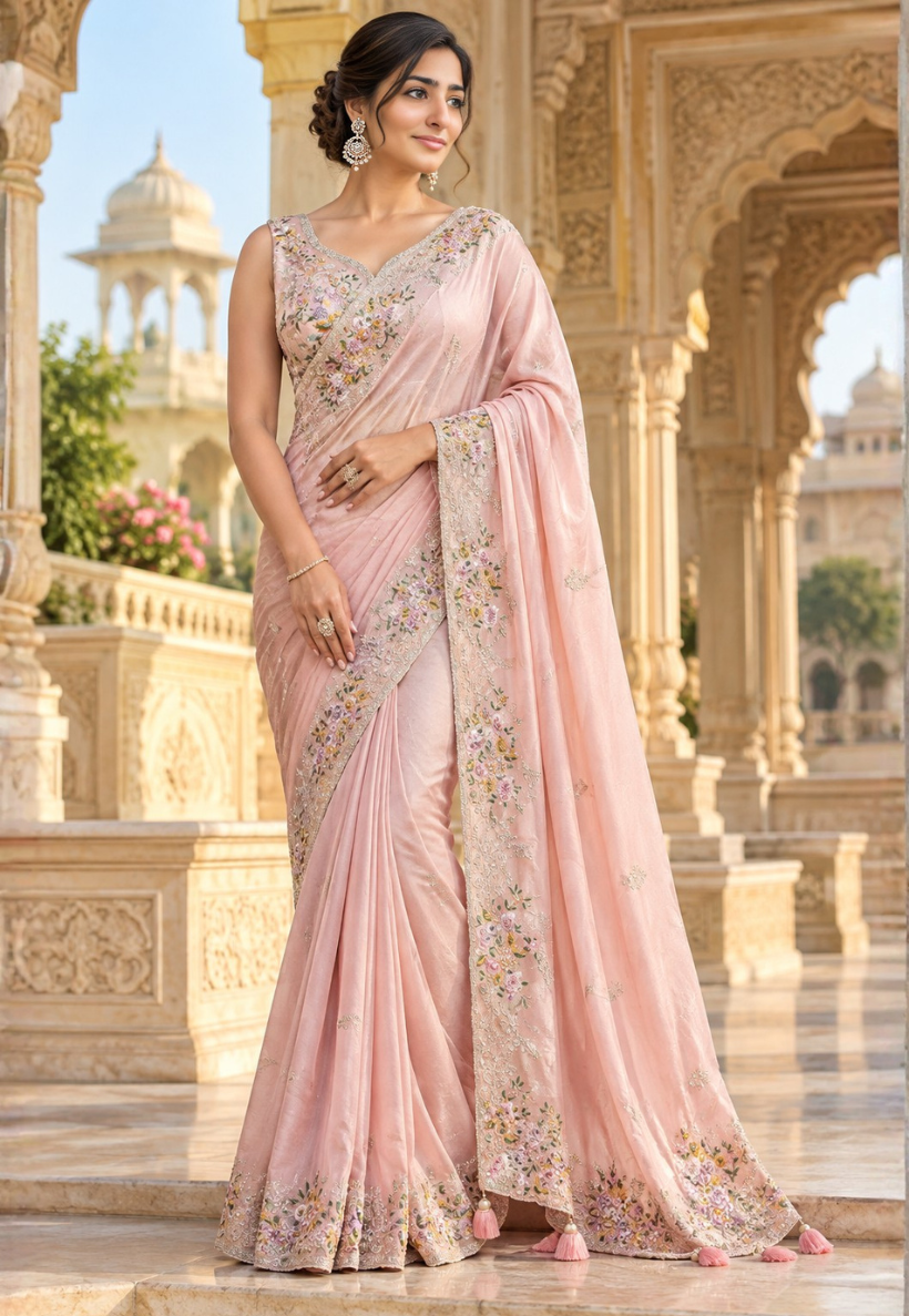 Dusty rose pink saree with floral embroidery and sequins with ready stitched blouse