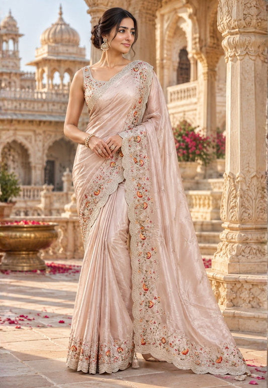 Beige saree with sequins and floral coloured embroidery