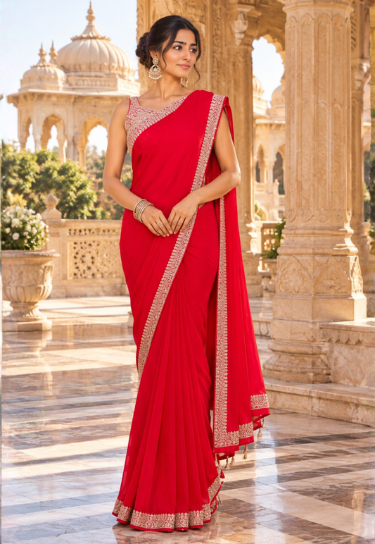 Scarlet red saree with gold zari and sequins