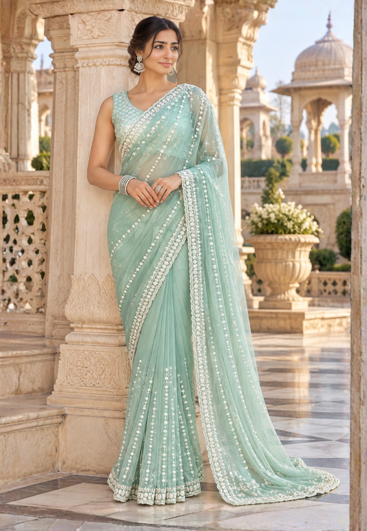 Mint green net saree with pearl and sequins