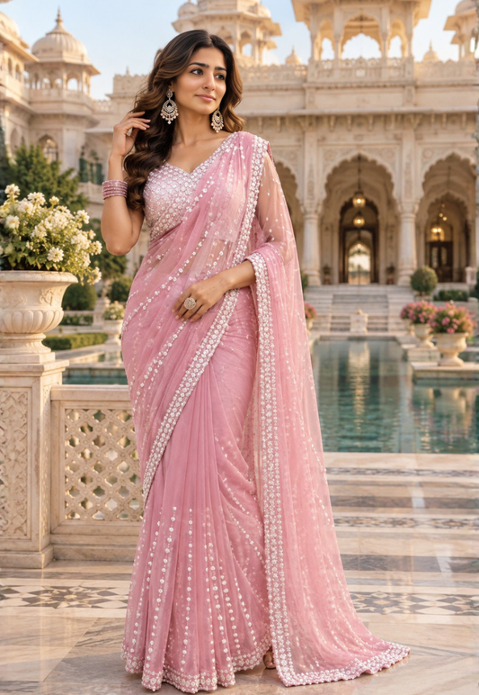Rose pink net saree with pearl and sequins with stitched blouse