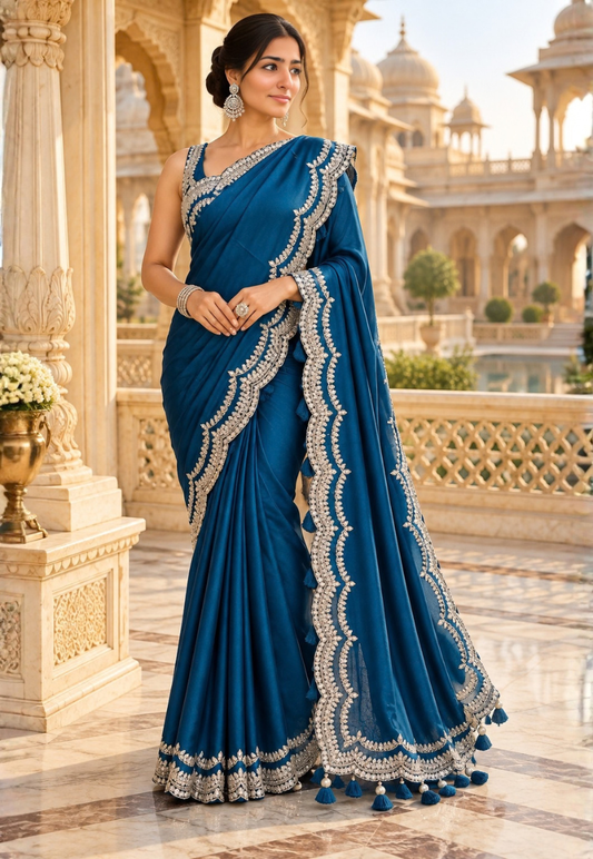 Teal blue saree with zari and sequins