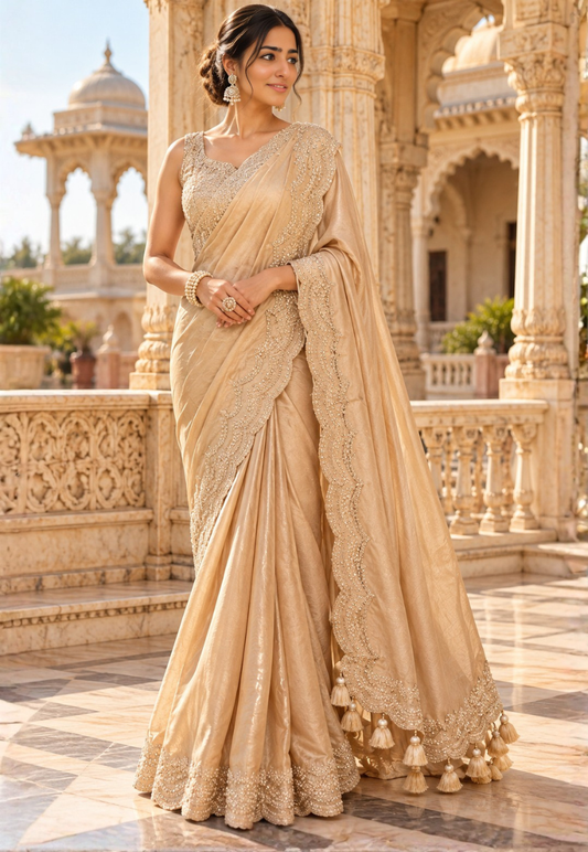 Golden beige saree with zari and sequins