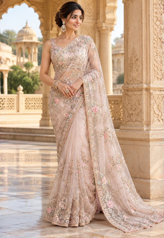 Designer peachy pink net saree with pastel florals embroidery and sequins