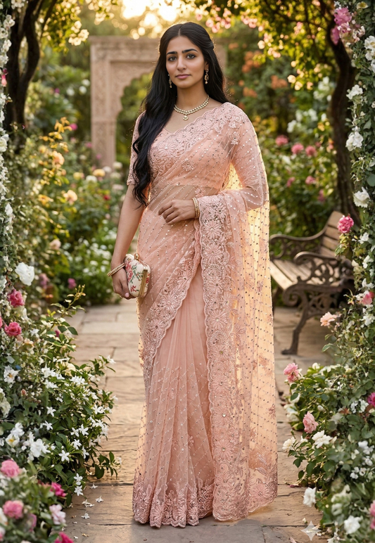 Soft peach net saree with elaborate embroidery, stone and mirrorwork