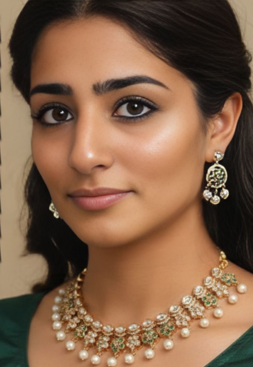 Gold and mint green kundan  choker set with pearls