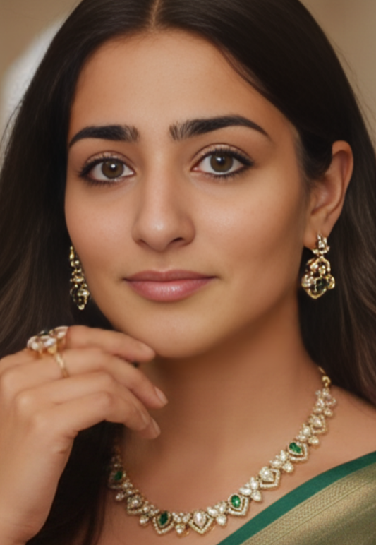 Kundan style gold tone choker set with green gemstones