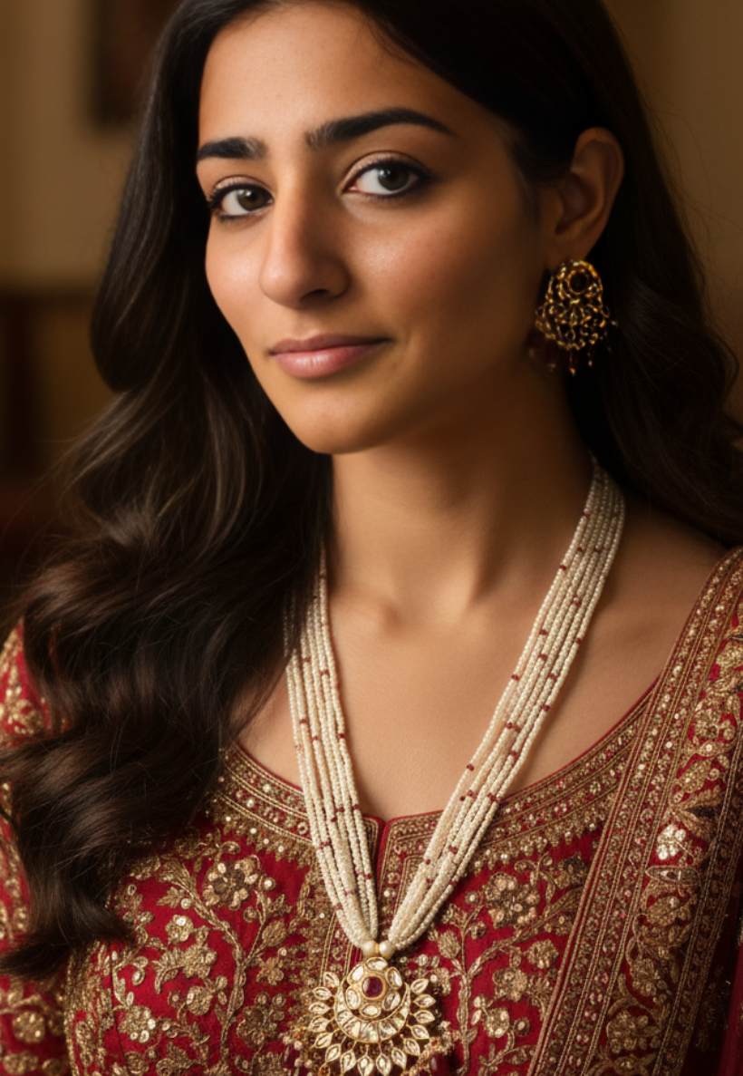 Traditional judan style necklace set with small multi-stranded pearls and red beads