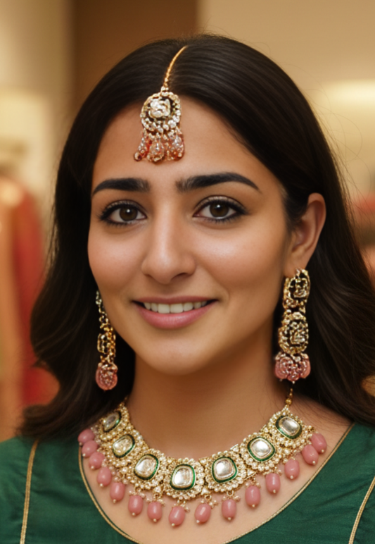 Traditional kundan style choker set with gold and dusty pink drops with green enamel work