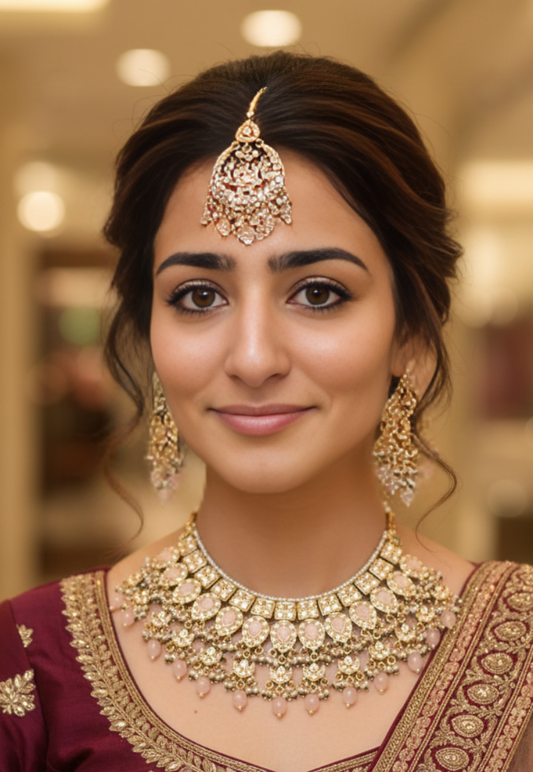 Gold plated kundan style choker set featuring pink stones and pearls