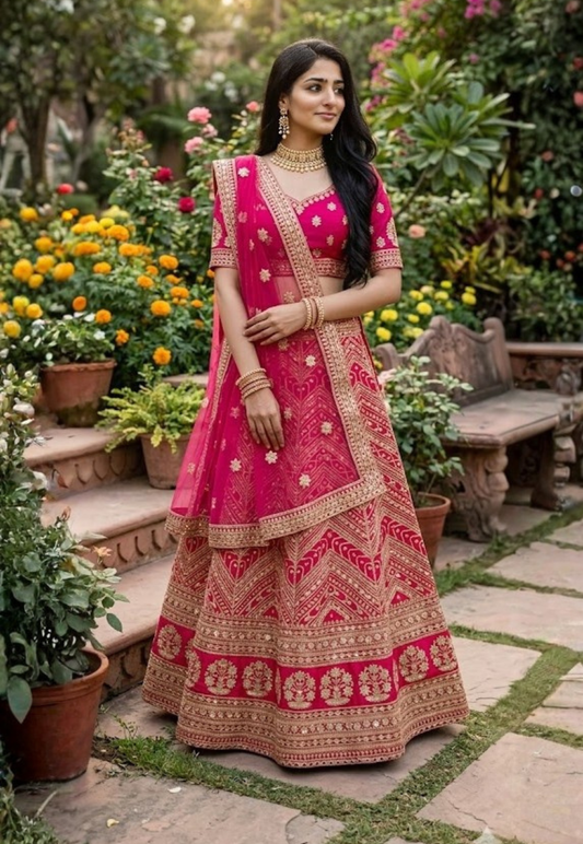 Deep magenta pink gaji silk unstitched lengha with gota patti, zardozi, metallic gold and sequins